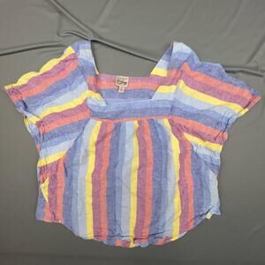 Como Vintage Linen Cotton Shirt Medium Multicolor Stripe Flutter Sleeve Top